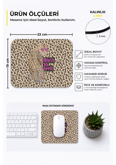 Leopar Desenli Born To Love Yazılı Ergonomik Mouse Pad Kaymaz Tabanlı, Renkli Ve Konforlu Tasarım Çok Renkli