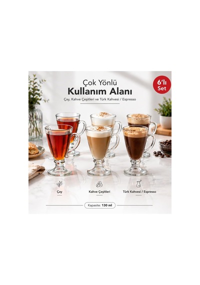 Tr 6'li Cam Ayaklı Bardak Seti,130 Ml,çay,kahve,türk Kahvesi,espresso Bardağı,cam Kupa Seti Şeffaf Genel
