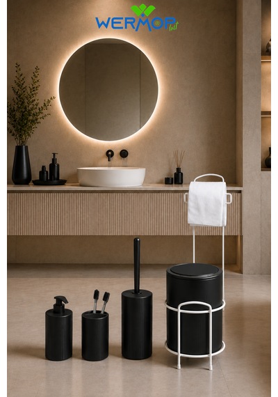 Lüks Siyah 6'lı Banyo Seti Metal Standlı Tuvalet Kağıtlığı Ve Şık Tasarım