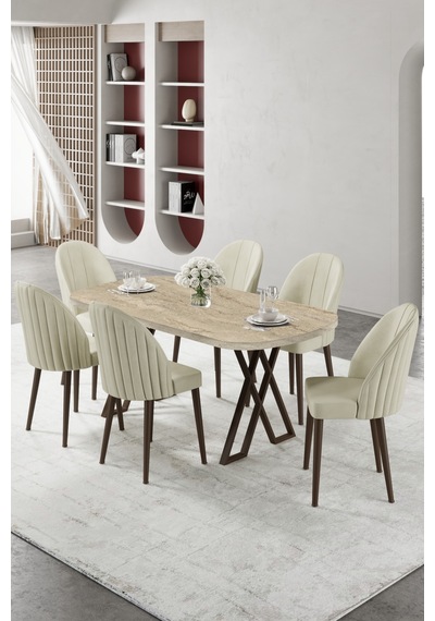 Canisa Kaye Serisi Mdf 90x168 Traverten Mutfak Masası Takımı 6 Krem Sandalye Traverten Masa Krem Sandalye Canisa Kaye Serisi Mdf 90x168 Traverten Mutfak Masası Takımı 6 Krem Sandalye Traverten Masa Krem Sandalye