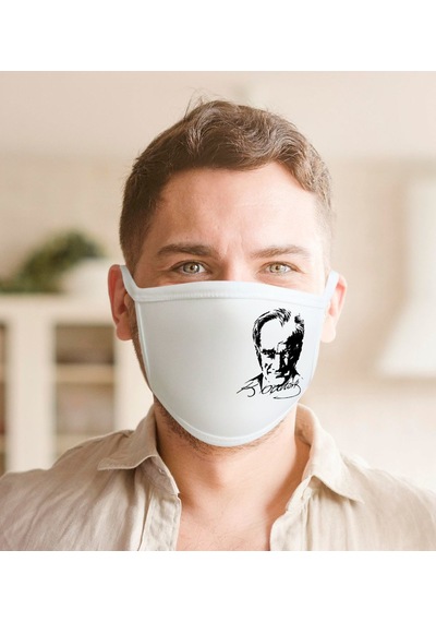 Atatürk Desenli Yıkanabilir Maske Beyaz - Siyah