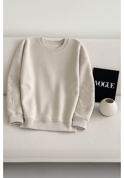 Femelle Bej Kolları Boncuk Ve Taş İşlemeli %100 Pamuk Sweatshirt - Svt15