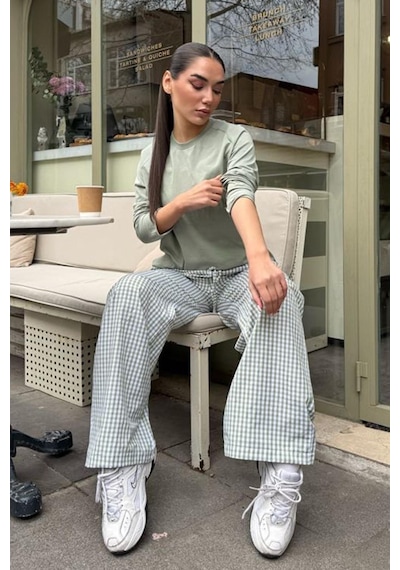 Madmext Açık Yeşil Beli Ayarlanabilir Ekoseli Bol Paça Kadın Pantolon Mg2335 Açık Yeşil