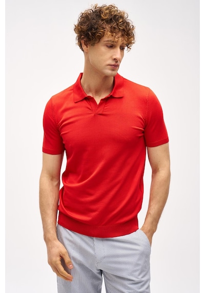 İgs Kırmızı Slim Fit Dar Kalıp Polo Yaka Düz Kısa Kollu Triko Tişört-16330