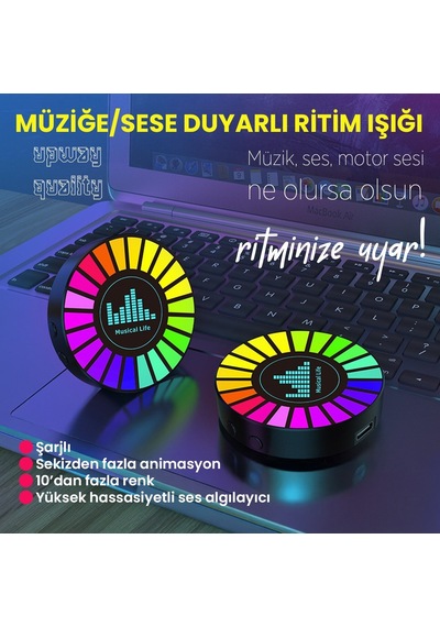 Upway Sese Duyarlı Şarjlı Animasyonlu Ritim Lambası - Çok Renkli Hediyelik Araç Aksesuarı