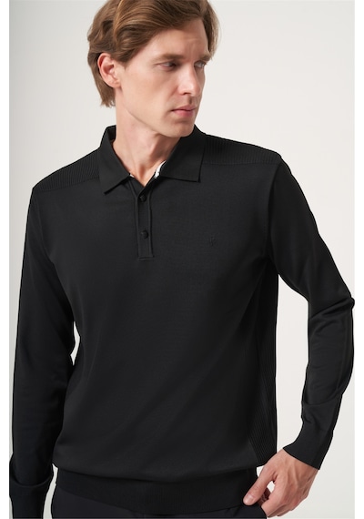 İmza Siyah Polo Yaka Uzun Kol Örme Comfort Fit Pamuklu Kazak 1012265159
