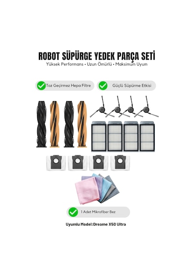Dreame X50 Ultra İle Uyumlu 2 Ana Fırça 4 Yan Fırça 4 Filtre 4 Toz Torbası 1 Temizlik Bezi 16.0