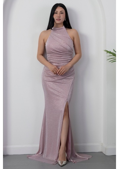 Kalopya Halter Yaka Yırtmaçlı Simli Elbise Drp0013 Pembe