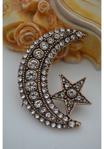 Stoneage Jewellery Zirkon Taşlı Ay Yıldız Broş Yaka İğnesi Çok Renkli