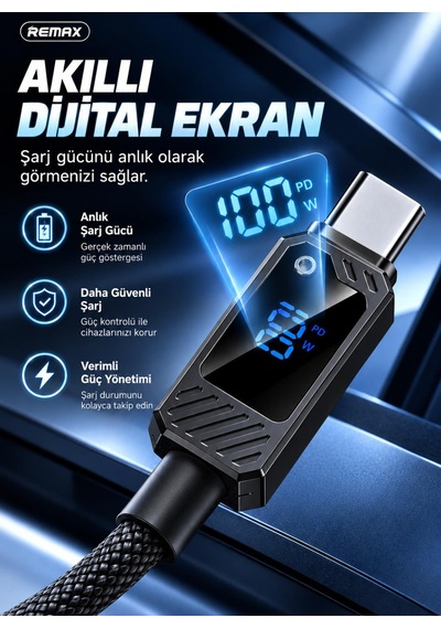 Remax Suxien Rc-c069 100w Pd Dijital Ekranlı Type-c To Type-c Hızlı Şarj Ve Data Kablosu 1.2 Metre Siyah