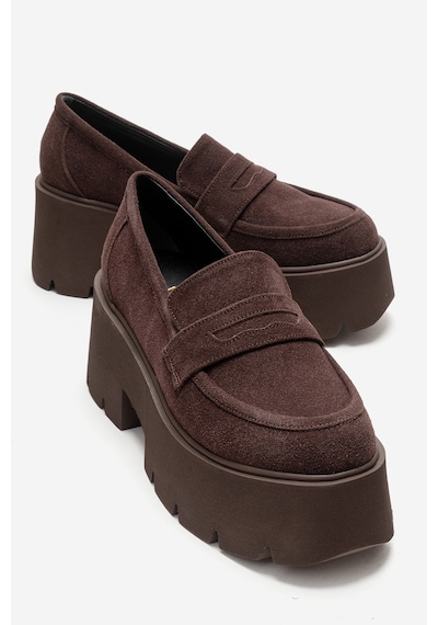 Luvishoes Santıa Kahverengi Süet Kadın Kalın Tabanlı Loafer Ayakkabı Kahverengi