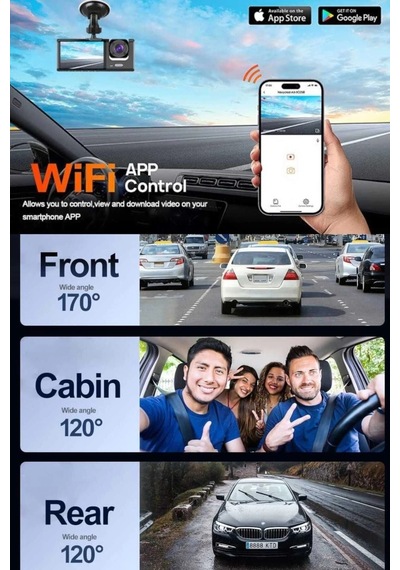 Buğz 1080p Wifi Full Hd Araç Içi Kamera Arka Ön Iç Kayıt 3 Kamera Gece Görüşlü Gsensör Geniş Açı