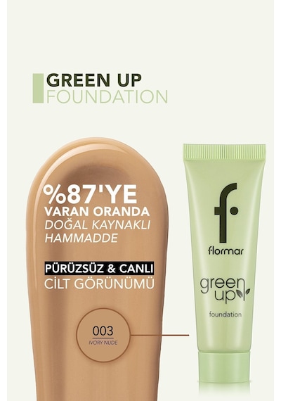 Flormar Yarı Mat Bitişli Su Bazlı Vegan Fondöten- Green Up Foundation-003 Ivory Nude-4251903322225