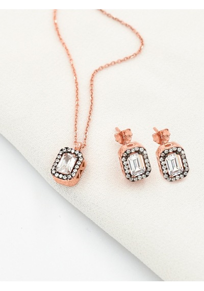 Brezza Lusso Jewelry Gümüş Elmas Montür Set Kadın Gümüş Kolye Küpe Set 42 CM