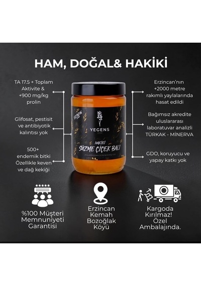 Yegens 900 Gr Doğal Süzme Çiçek Balı Ta17.5+ 900 Prolin Erzincan - Kemah Hakiki Bal