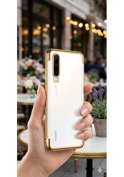 Huawei P30 Kılıf Dört Köşeli Lazer Silikon Kılıf Gold