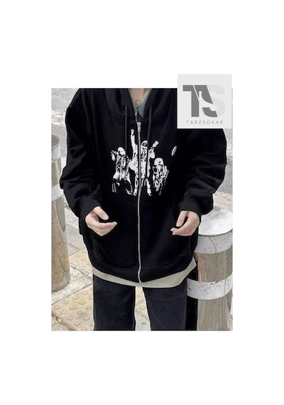 Tarzsokak Punk Tasarım Sweatshirt Fermuarlı Hırka Siyah