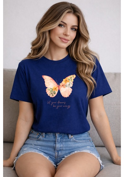 Herkesemoda Kelebek Baskı Detaylı Basic T-shirt Lacivert
