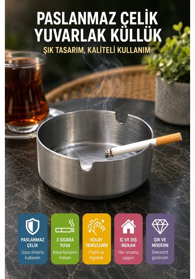 Paslanmaz Çelik Metal Küllük 8 Cm Yuvarlak Masaüstü Küllük Mat Gümüş Dekoratif Modeli