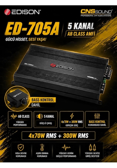 Edison Ed-705a 5 Kanal Oto Amfi 4x70w + 300w Rms Bass Kontrol Dahil