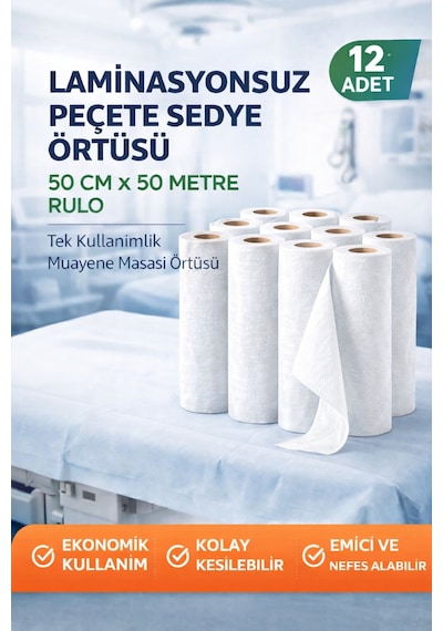 Laminasyonsuz Peçete Sedye Örtüsü 50 Cm X 50 Metre Rulo Tek Kullanımlık Muayene Masası Örtüsü 12 Adet Beyaz