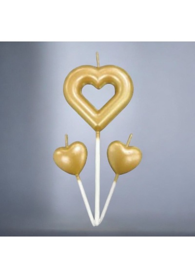 3lü Gold Kalp Pasta Mumu Çubuklu Doğum Günü Ve Sevgililer Günü Metalik Pasta Süsü Mum Seti