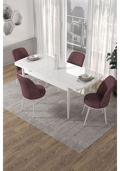 Canisa Concept Kor Serisi 70x114 Açılabilir Mutfak Masa Takımı, Beyaz Masa 4 Gülkurusu Sandalye Masa Beyaz Sandalyeler Gülkurusu