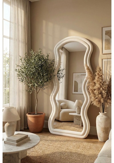 Ayaklı Kumaşlı Boy Aynası - Modern Dalgalı Tasarım Büyük Boy Ayna 182x87 Cm Bej