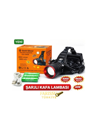 Gold Silver Gs-15450 4000 Lümen Ultra Parlak Şarjlı Zoomlu Sensörlü Kafa Lambası - 9600 Mah Siyah