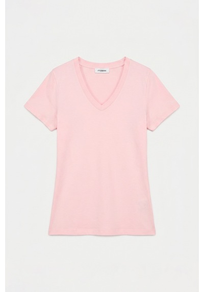 Kadın Light Pembe S6-98 V Yaka %100 Organik Pamuk Esnek Kumaş T-shirt