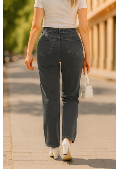 Cedy Denim Cedy Denım - Kadın Büyük Benden Boru Paça Yüksek Bel Regular Fit Likralı Pantolon C626 Gri