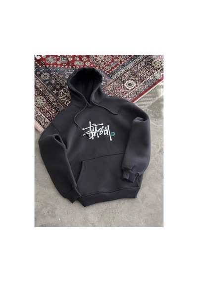 Erkek Üç İplik Kapşonlu Baskılı Sweatshirt - Füme