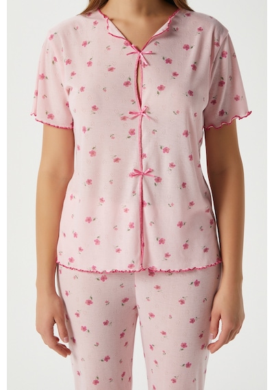 Ritnice Kadın Juliet Kurdeleli Yumuşak Doku Pembe Çiçekli Pijama Takımı