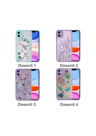 Apple iPhone Uyumlu iPhone 12 6.1inç Kamera Korumalı Çiçek Desenli Silikon Kılıf- 5775 Mavi