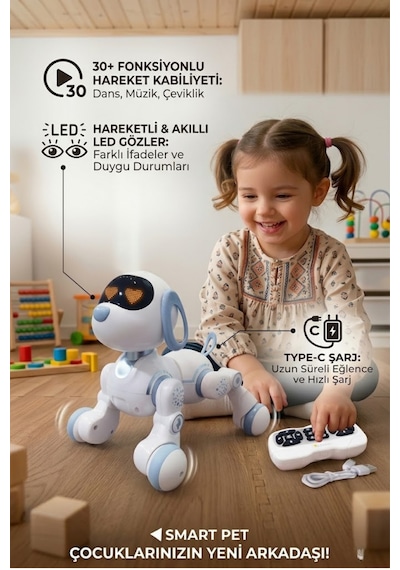 Ucuzuna Bak Oyuncak Hareketli Uzaktan  Kumandalı 30 Fonksiyonlu Akıllı Robot Kedi Köpek Led Gözlü Kafa Sensörlü