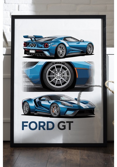 Ford Gt Siyah Ahşap Çerçeveli Poster, Dekoratif Araba Duvar Tablosu