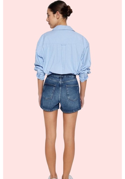 Ersefa Kadın Pamuklu Denim Şort City Short Kalıp Mom Siluet Rahat Günlük Koyu Mavi