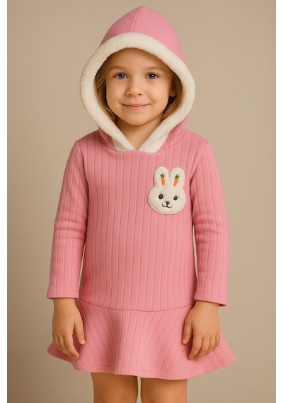 Aden Kids Tavşan Desenli Kapüşonlu Kız Çocuk Elbisesi Pamuk Dizüstü Günlük Mini Model Pembe