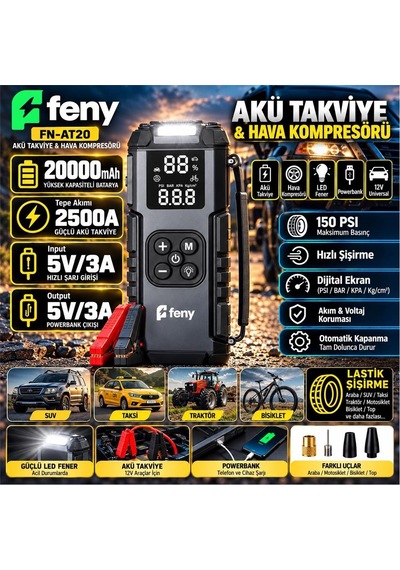 Feny Fn-at20 20.000 Mah 5v-3a Akü Takviye Ve Hava Kompresörü Lastik Şişirme- Powerbank Çantalı