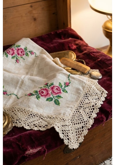 Handmade Kanaviçe İşlemeli Güpürlü Masa Örtüsü Monika Kumaş Nostalji Serisi Ekru