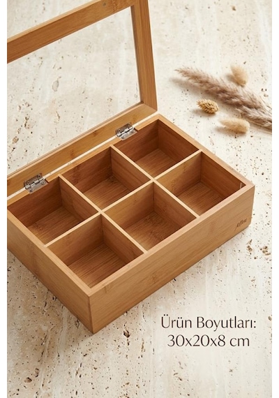 Atbyhome Bambu 6 Bölmeli Cam Kapaklı Çay Kutusu - Poşet Çay Düzenleyici Organizer Ahşap