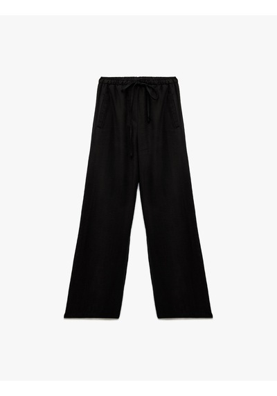 Koton Beli Bağcıklı Bol Kalıp Cepli Geniş Paça Pantolon Siyah 6wal40003ıw Siyah