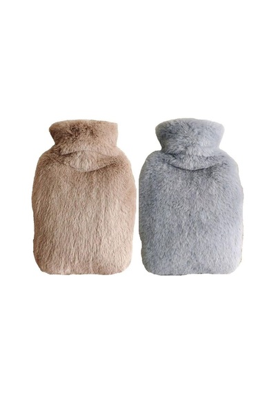 Sıcak Su Torbası 2 Adet,yan Cepli Peluş Termofor 27x17x2cm 750ml Bej-gri
