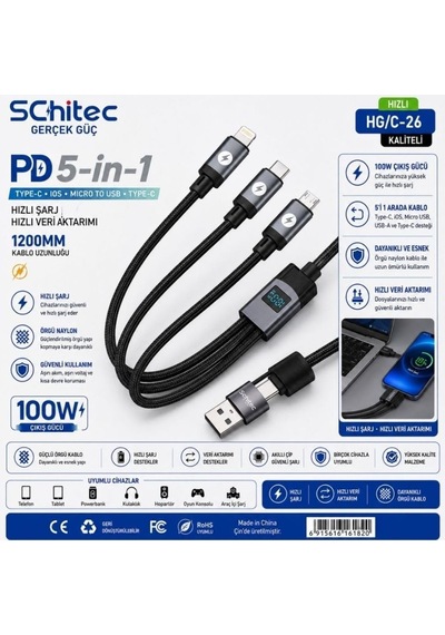 100w 4 Çıkışlu Hızlı Şarj Başlığı Ve 5in1 100w Göstergeli Type-c Ve Usba Girişli Micro Type-c Lightning Ç