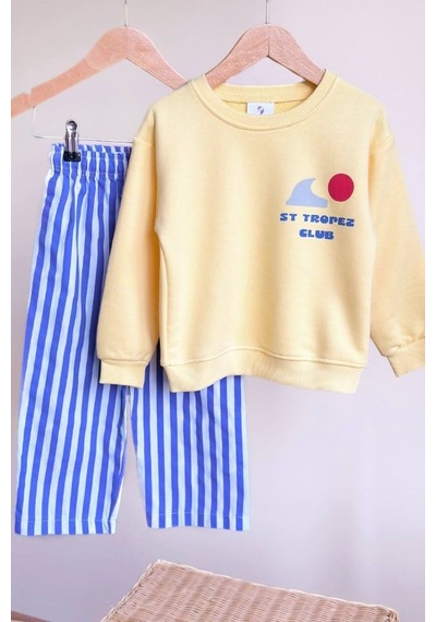 Çocuk Baskılı Sweatshirt Ve Çizgili Eşofman Takım Sarı