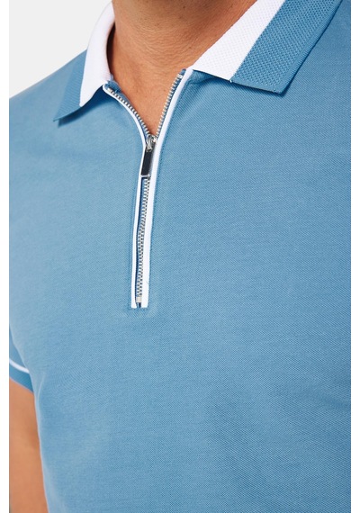 Tudors Erkek Slim Fit Dar Kesim %100 Pamuk Düz Pike Fermuarlı Mavi Polo Yaka Tişört-31112 Mavi