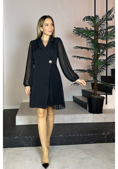 Ges Moda G0793 Kruvaze Yaka Düğme Detaylı Piliseli Elbise Siyah-siyah