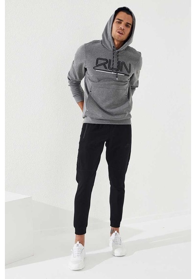 Tommy Life Gri Melanj Yazı Nakışlı Standart Kalıp Kapüşonlu Erkek Sweatshirt - 87887 GRİ MELANJ