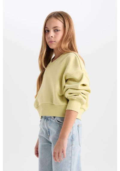 DeFacto Kız Çocuk Cropped Fit V Yaka Basic Düz Sweatshirt D7047A824WNGN659 Yeşil