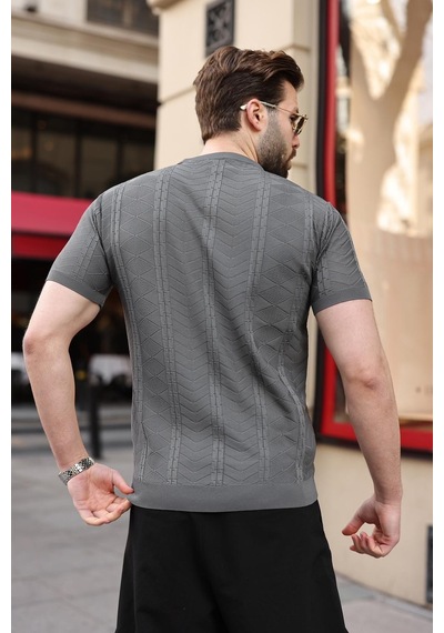 Antrasit Bisiklet Yaka Slim Fit Triko Erkek Tişört E7466